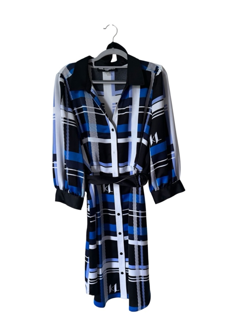 Karl Lagerfeld Black, Blue & White Plaid Shirt Dress with Belt